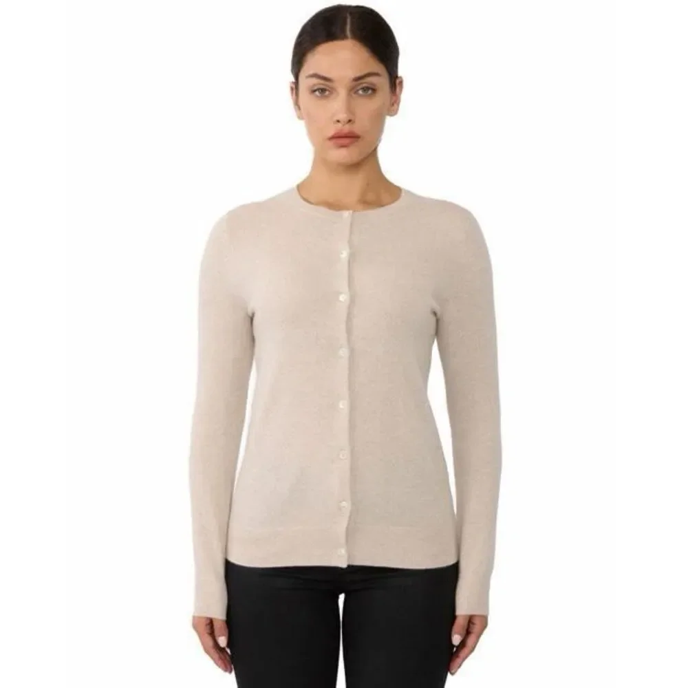 JENNIE LIU Women's 100% Cashmere Button Long Sleeve Crewneck Cardigan Sweater Oa
